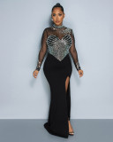Women Beaded See-Through Bodycon Stretch Slit Dress