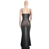 Women's Sexy See-Through Mesh Sleeveless Deep V Beaded Nightclub Party Dress