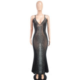 Women's Sexy See-Through Mesh Sleeveless Deep V Beaded Nightclub Party Dress