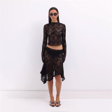 Summer Sexy Crop See-Through Lace Top High Waist Irregular Skirt Two Piece Set