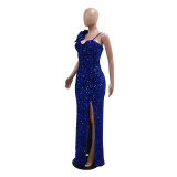 Fashion Women's Clothing Solid Color Strap Sexy Sequin Long Dress Slit Evening Dress