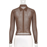 Thin See-Through V-Neck Slim-Fitting Long-Sleeved Blouse Buttoned Top For Women