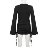 Autumn Round Neck Bell Bottom Long-Sleeved Drawstring Elegant Knitting Dress