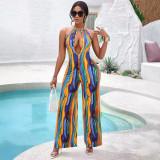 Women's Clothing Summer Halter Neck Sleeveless Sexy Wide Leg Printed Casual Jumpsuit