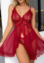 Women suspender dress Lace See-Through slit Ruffle Edge nightdress Sexy Lingerie