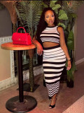 Women autumn black and white striped knitting Tank Top and Skirt Two-piece set