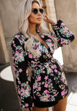 Women autumn long-sleeved leopard print Turndown Collar lace-up jacket