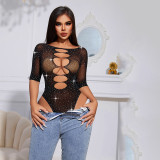 Women Beaded Hollow Bodysuit Sexy Lingerie