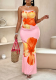 Women Summer Print Sexy Strapless Bodycon Dress