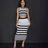 Women autumn black and white striped knitting Tank Top and Skirt Two-piece set