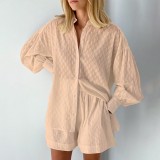 Summer Women Shirt Jacquard Puff Sleeve Top And Shorts Two-piece Set