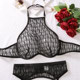 Women heart-shaped embroidered mesh See-Through Halter Neck Sexy Lingerie Set