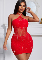 Women Strap Beaded Hollow Temptation Bodycon Sexy Mesh Dress Sexy Lingerie