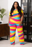 Plus Size Women Casual Loose Striped Top and Pants Two-piece Set