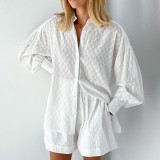 Summer Women Shirt Jacquard Puff Sleeve Top And Shorts Two-piece Set