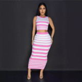 Women autumn black and white striped knitting Tank Top and Skirt Two-piece set