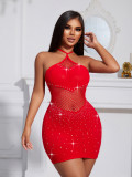 Women Strap Beaded Hollow Temptation Bodycon Sexy Mesh Dress Sexy Lingerie