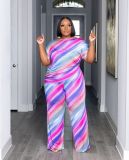 Plus Size Women Casual Loose Striped Top and Pants Two-piece Set