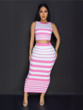 Women autumn black and white striped knitting Tank Top and Skirt Two-piece set