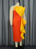 Women Contrast Color Ruffle Formal Party Strapless Dress
