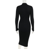 Women Fall Casual High Neck Wide Ribbed Dress