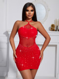 Women Strap Beaded Hollow Temptation Bodycon Sexy Mesh Dress Sexy Lingerie