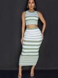 Women autumn black and white striped knitting Tank Top and Skirt Two-piece set