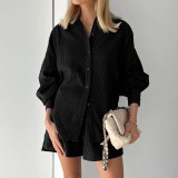 Summer Women Shirt Jacquard Puff Sleeve Top And Shorts Two-piece Set