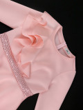 Women Round Neck Bell Bottom Sleeve Party Ruffle Sequin Dress