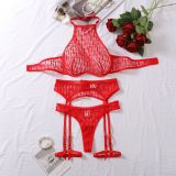 Women heart-shaped embroidered mesh See-Through Halter Neck Sexy Lingerie Set