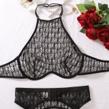 Women heart-shaped embroidered mesh See-Through Halter Neck Sexy Lingerie Set