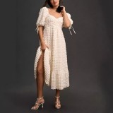 Women Bubble Elegant Short Sleeve French Lace Holidays Dress