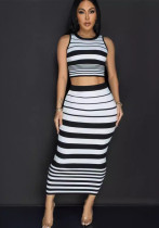 Women autumn black and white striped knitting Tank Top and Skirt Two-piece set