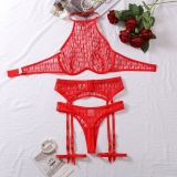 Women heart-shaped embroidered mesh See-Through Halter Neck Sexy Lingerie Set