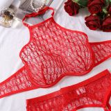 Women heart-shaped embroidered mesh See-Through Halter Neck Sexy Lingerie Set