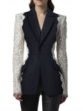 Fashion Slim One Button Contrast Color Lace Patchwork Blazer Jacket