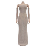 Fashion Women's Clothing Beaded Rhinestone Strapless Sexy See Through Nightclub Long Dress