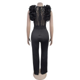 Fashion Women's Clothing Solid Color Ruffled Deep V Neck Sexy Jumpsuit