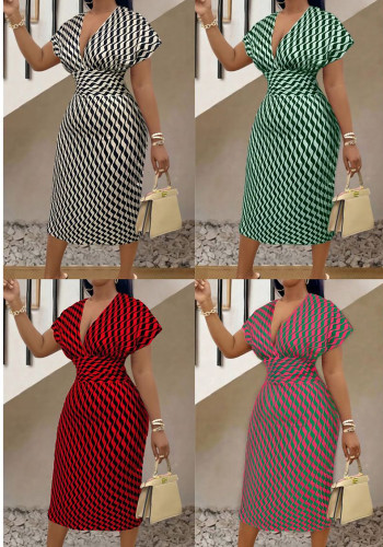 Printed Women's V-Neck High Waist Slim Midi Dress