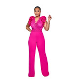 Fashion Women's Clothing Solid Color Ruffled Deep V Neck Sexy Jumpsuit