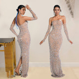 Fashion Women's Clothing Beaded Rhinestone Strapless Sexy See Through Nightclub Long Dress