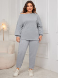 Slash-Shoulder Plus Size Loose Casual Long-Sleeved Two Piece Pants Set For Women