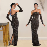 Fashion Women's Clothing Beaded Rhinestone Strapless Sexy See Through Nightclub Long Dress