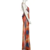 Summer Women's Sexy Halter Neck Low Back Print Mesh Long Dress