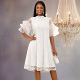 Plus Size Round Neck Ruffled Sleeve Fashionable Lace Loose Dress