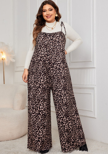 Leopard Print Strap Plus Size Loose Fashion Jumpsuit For Women