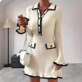 Autumn Women's Clothing Contrast Color Elegant Slim Knitting Dress