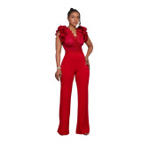 Fashion Women's Clothing Solid Color Ruffled Deep V Neck Sexy Jumpsuit