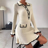 Autumn Women's Clothing Contrast Color Elegant Slim Knitting Dress