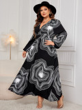 Printed Long-Sleeved V-Neck Loose Plus Size Dress